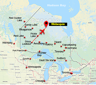 Map showing charter flight route from Sioux Lookout To Webequie, Ontario